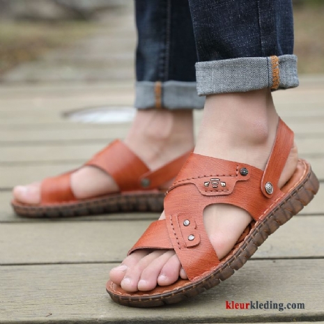 Antislip Echt Leer Zachte Zolen Sandaal Slijtvastheid Zomer Casual Bruin Heren