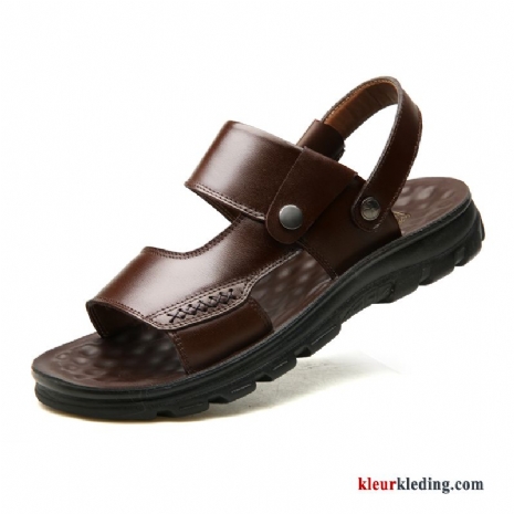 Antislip Echt Leer Zomer Pantoffels Sandaal Zachte Zolen Bruin Casual Heren