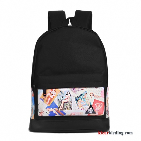 Bedrukken Rugzak Trend Canvas Schooltas Casual Groot Dames Heren Zwart