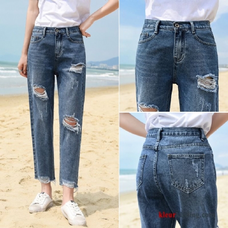 Blauw Hoge Taille Gaten Zomer Dunne Losse Spijkerbroek Jeans Dames