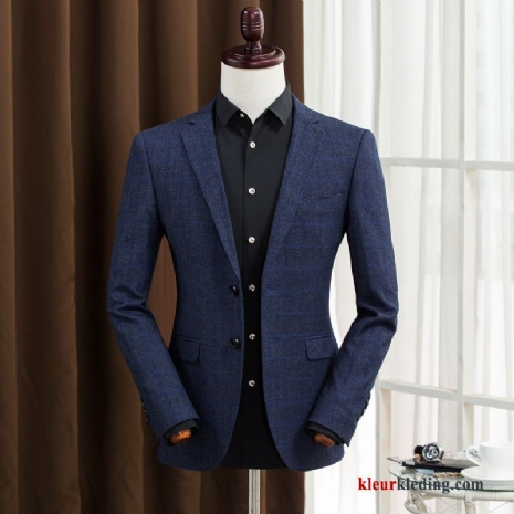 Blazer Jas Geruit Jeugd Heren Blauw Jasje Slim Fit