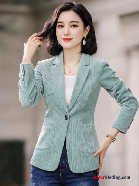 Blazer Pak Jasje Vintage Vrouw Blauw Elegante Corduroy Ontwerp Dames