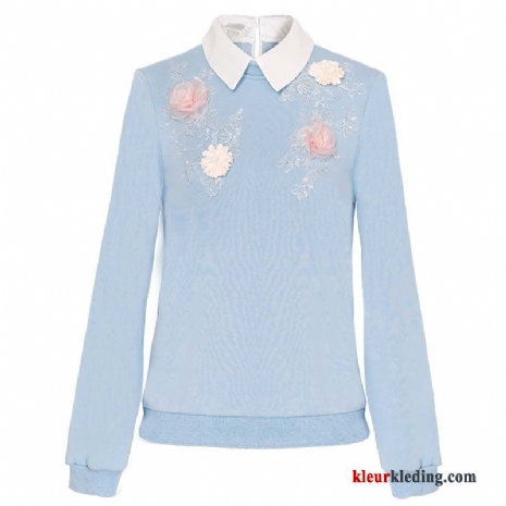 Blouse Blauw Kort Lange Mouwen Winter Onderhemd Pullover Jasje Zoet Dames