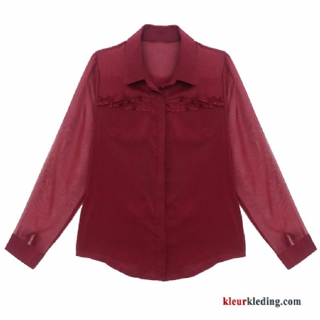 Blouse Herfst Jasje Dames Elegante Lange Mouwen Overhemd Losse Rood