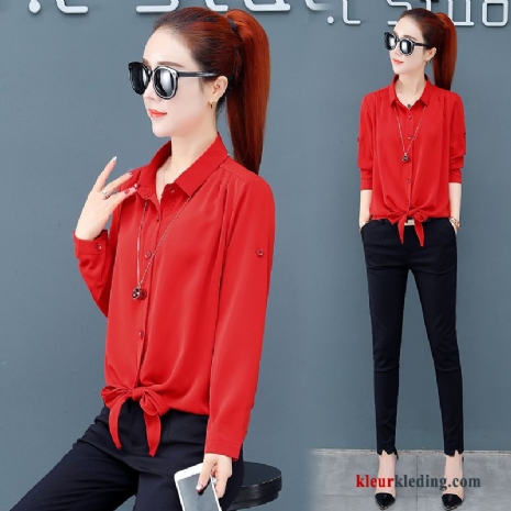 Blouse Polo Losse Voorjaar Rood Dames Overhemd Lange Mouwen Jasje