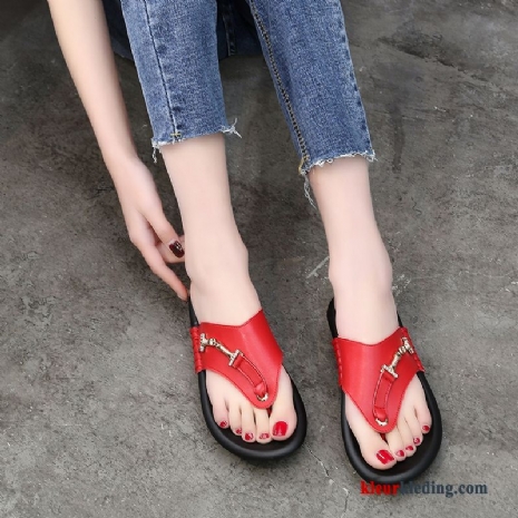 Dames Alle Wedstrijden Antislip Slipper Vrouwen Plat Sandaal Echt Leer Zomer Rood