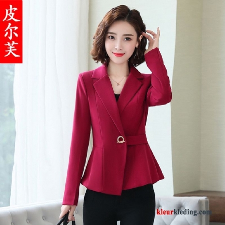 Dames Blazer Casual Slim Fit Jas Voorjaar Rood Lange Mouwen Werk Kort