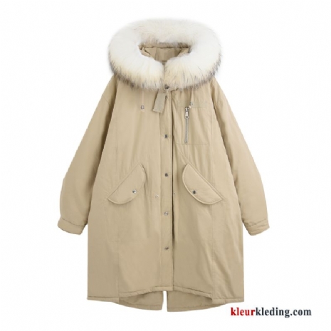 Dames Bontkraag Khaki Licht Katoenen Jas Winter Groot Lang