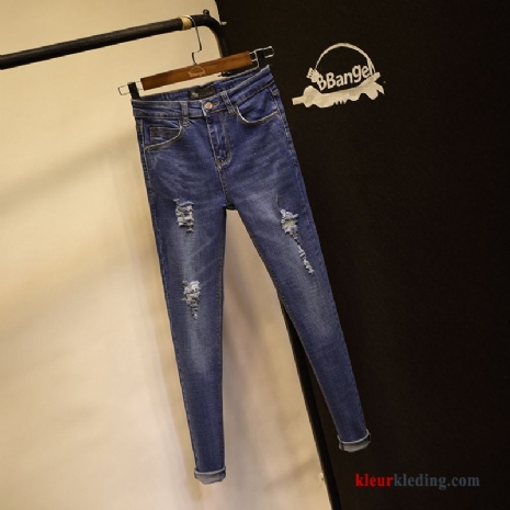 Dames Gaten Spijkerbroek Jeans Wit Blauw Potlood Broek Dunne 2018