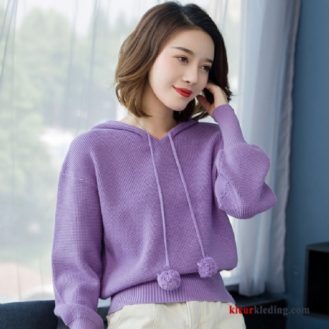 Dames Gebreid Hemd Hoodie Losse Trend Purper Voorjaar Jasje