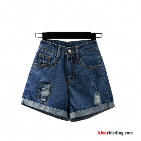 Dames Hoge Taille Donkerblauw Eenvoudige Gescheurd Denim Nieuw Rood Korte Broek