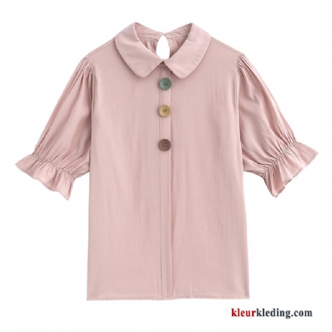 Dames Overhemd Korte Mouw Blouse Overhemd Chiffon Korte Mouw Jasje Zomer Decoratie Rood Roze