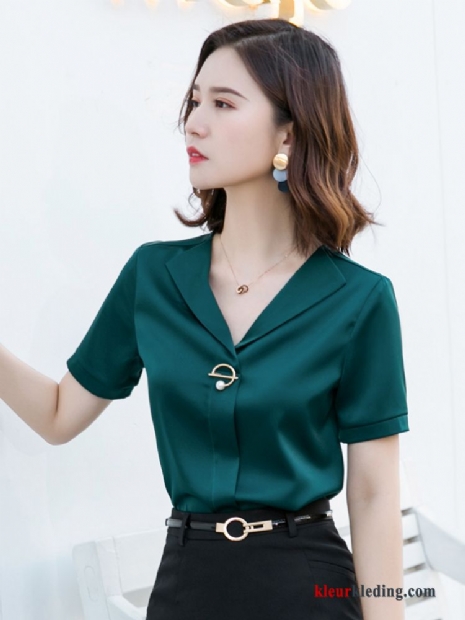 Dames Overhemd Korte Mouw Zijde Werkkleding Zomer Korte Mouw Elegante Blouse Overhemd Groen Mode