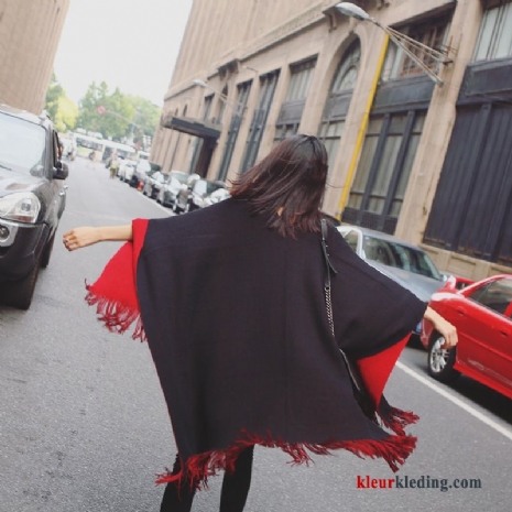 Dames Sjaal Trend Elegante Breien Kwasten Dual Gebruik Kleur Nieuw Rood Zwart