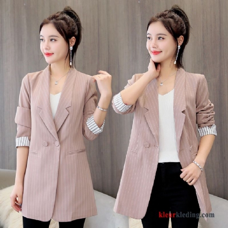 Dames Slim Fit Elegante Strakke Streep Blazer Jas Roze Voorjaar