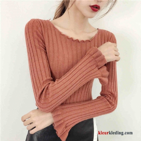 Dames Slim Fit Gebreid Hemd Pullover Rood Trui Herfst Kort Lange Mouwen