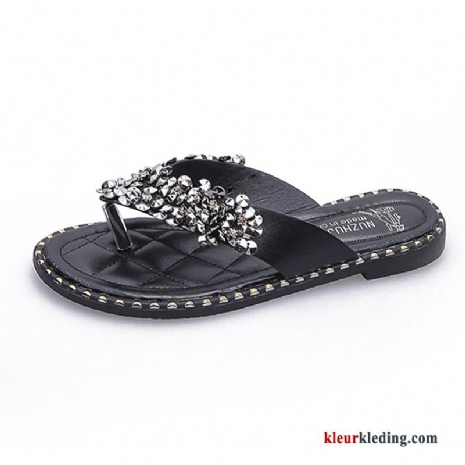 Dames Slipper Strand Zomer Plat Pantoffels Alle Wedstrijden Bovenkleding Met Strass Rood Zwart