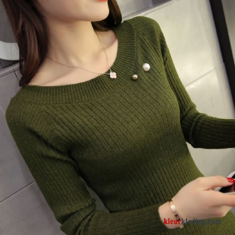 Dames Trui Gebreid Hemd Kort Skinny Groen Voorjaar Pullover Nieuw Herfst