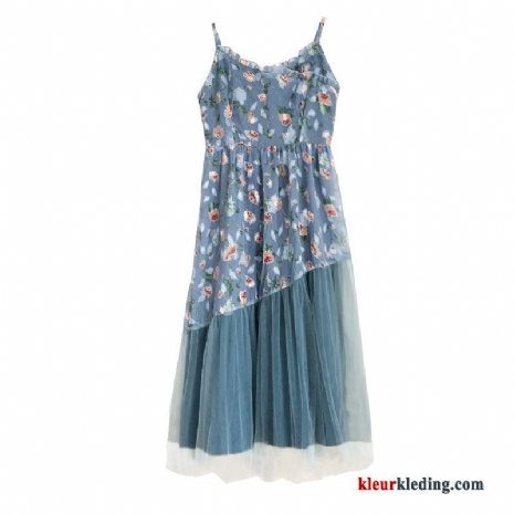 Dames V Hals Bloemen Chiffon Jurk Zomer Bretels Blauw Strakke Oranje