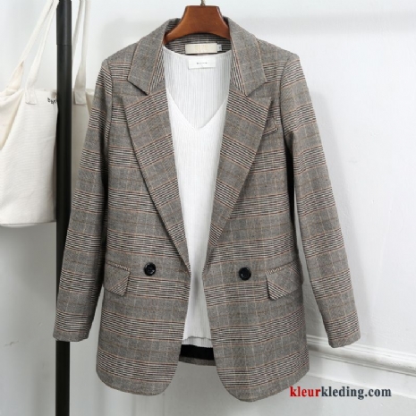 Dames Voorjaar Blazer Geruit Vintage Herfst Casual Slim Fit Geruite