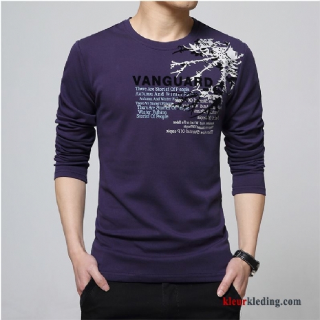 Diepe Kleur Herfst Heren T-shirt Lange Mouw Ronde Hals Purper Mannelijk Jasje