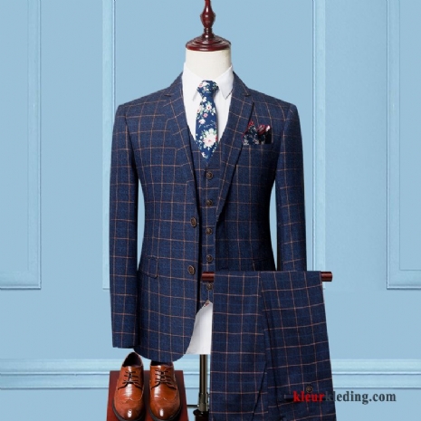 Donkerblauw Casual Bruiloft Slim Fit Trend Brits Pak Blazer Heren
