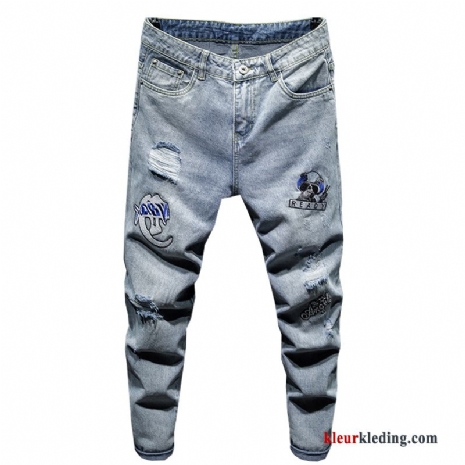 Dunne Bedrukken Spijkerbroek Jeans Gaten Zomer Trendy Merk Blauw Heren