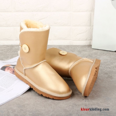 Echt Leer Sneeuw Laarzen Warm Winter Waterdicht Schoenen Katoen Antislip Dames Gouden