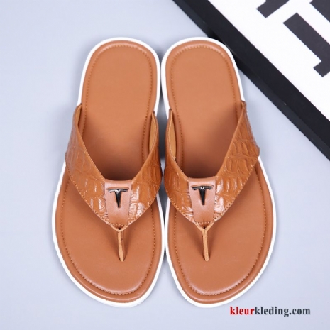 Flip Flops Pantoffels Echt Leer Antislip Slipper Trend Strand Licht Bruin Heren Wit