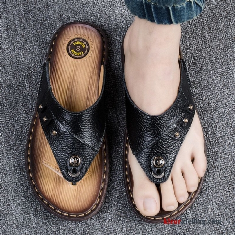 Flip Flops Slipper Sandaal Mannen Leer Antislip Schoenen Pantoffels Echt Leer Heren Zwart