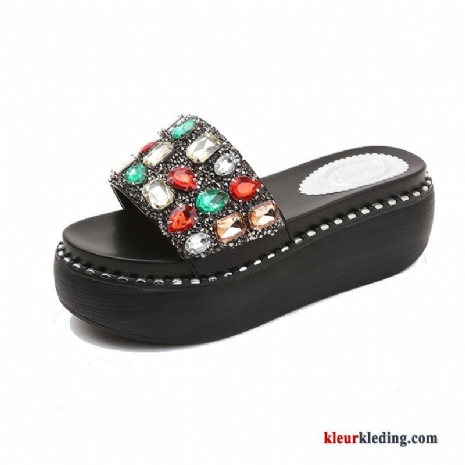 Groot Voorjaar Vis Mond Pantoffels Zomer Mode Met Strass Platform Dames Zwart