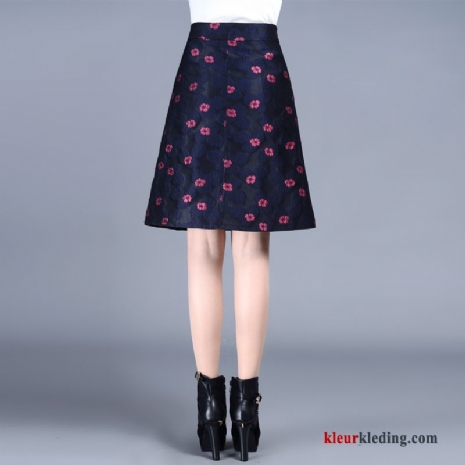 Grote Maten Rood Hoge Taille Rok Dames Bloemen Lang Herfst