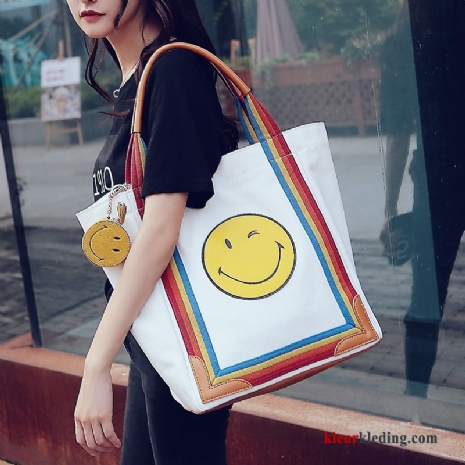 Grote Tas Smiley Canvas Schoudertas Dames Het Winkelen Trend Nieuw Wit