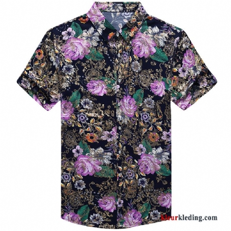 Heren Bloemen Mode Trend Mannelijk Zomer Overhemd Kort Mouw Purper Patroon