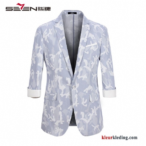 Heren Casual Blazer Bedrukken Zomer Slim Fit Voorjaar Pak Lichtblauw