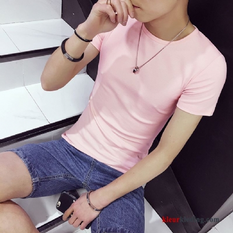 Heren Casual Slim Fit T-shirts Ronde Hals Skinny Effen Kleur Roze Zomer