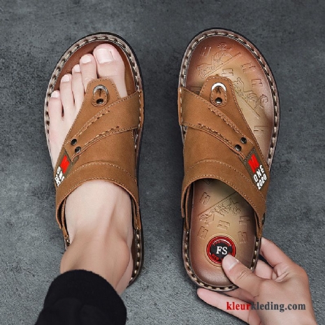 Heren Flip Flops Bruin Pantoffels Leer Sandaal Mannen Bovenkleding Trend Slipper