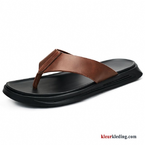 Heren Flip Flops Mannen Ademende Mode Trend Outdoor Bruin Pantoffels Echt Leer