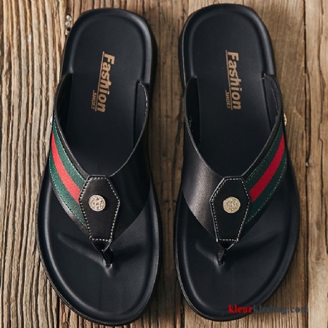 Heren Flip Flops Mannen Slipper Casual Pantoffels Echt Leer Antislip Persoonlijk Trend Zwart