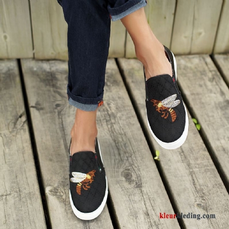 Heren Mocassins Canvas Bedrukken Skateboard Schoenen Jeugd Casual Mannen Borduurwerk Loafers Zwart