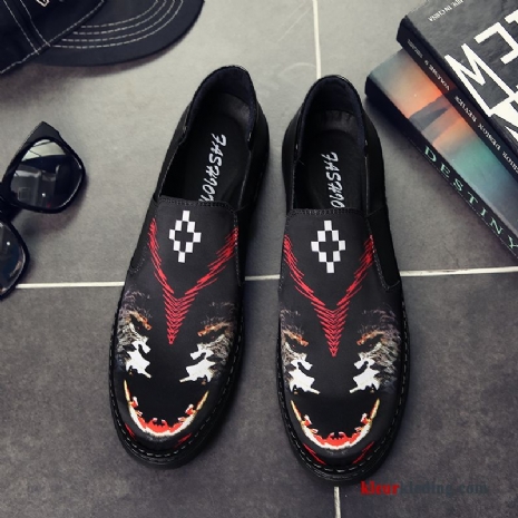 Heren Mocassins Schoenen Mannen Trend Canvas Loafers Slip On Casual Bedrukken Rood Zwart