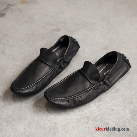 Heren Mocassins Voorjaar Echt Leer Brits Zachte Zolen Vintage Loafers Bootschoenen Slip On Zwart