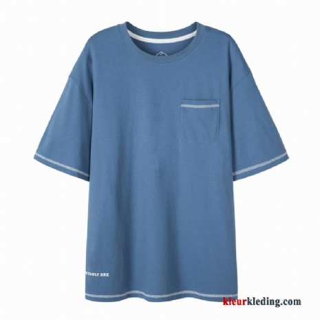 Heren Nieuw Korte Mouw Losse Jasje Katoen T-shirts Blauw Dunne