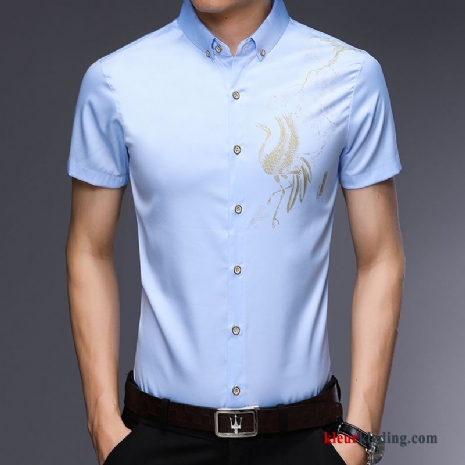 Heren Overhemd Kort Mouw Dun Bedrukken Zomer Korte Mouw Blauw Mannelijk Trend Nieuw