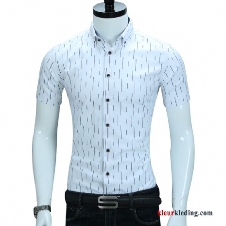 Heren Overhemd Kort Mouw Wit Bedrijf Mannelijk Streep Overhemd Katoen Jeugd Slim Fit