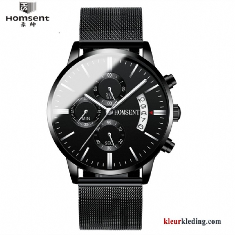 Heren Quartz Horloge Sport Student Mode Kalender Echte Waterdicht Zwart Zilver