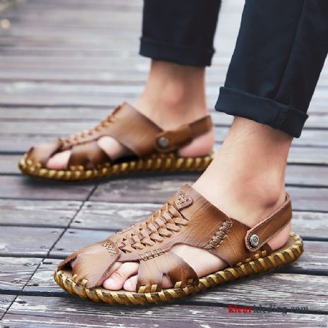 Heren Sandaal Bovenkleding Pantoffels Mannen Strand Zachte Zolen Casual Echt Leer Zomer Kaki