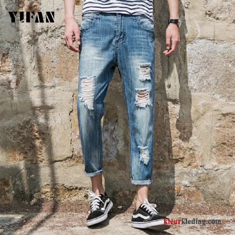 Heren Spijkerbroek Jeans Nieuw Blauw Mini Gaten Trend 2018 Groot