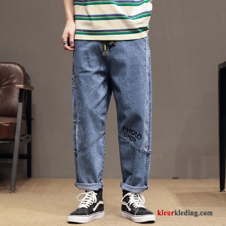 Heren Spijkerbroek Jeans Vintage Mannelijk Bedrukken Donkerblauw Losse Harlan Letter