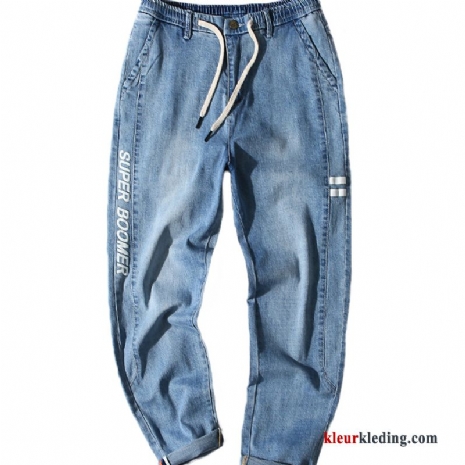 Heren Spijkerbroek Losse Student Blauw Casual Potlood Broek Trendy Merk Zomer Bedrukken